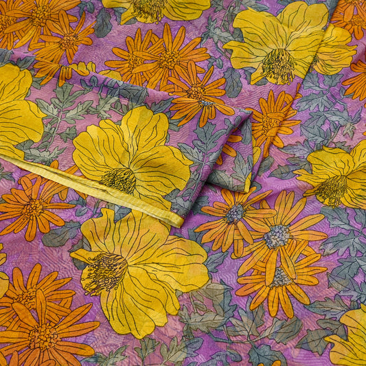 Vintage Sari Purple 100% Pure Chiffon Silk Printed Sarees Sewing 5yd Craft Fabric Soft Dress Designing for Crafting Floral Quilting Upcycle
