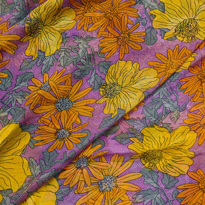 Vintage Sari Purple 100% Pure Chiffon Silk Printed Sarees Sewing 5yd Craft Fabric Soft Dress Designing for Crafting Floral Quilting Upcycle