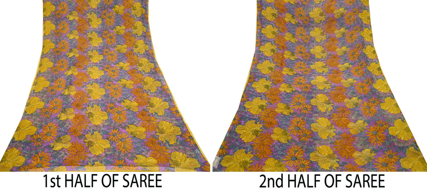 Vintage Sari Purple 100% Pure Chiffon Silk Printed Sarees Sewing 5yd Craft Fabric Soft Dress Designing for Crafting Floral Quilting Upcycle