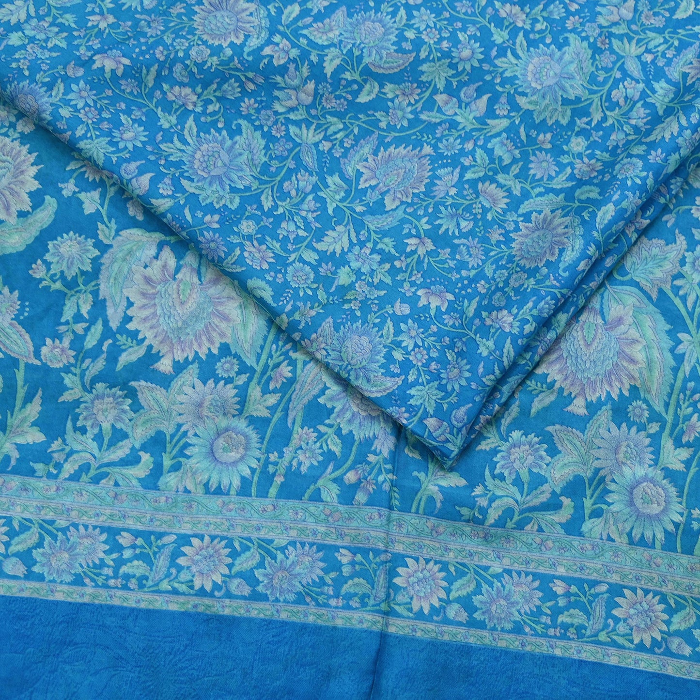 Indian Vintage Sari Blue Pure Silk Printed Saree Fabric 6yard Sewing Craft Fabric DressMaking Wrap Floral
