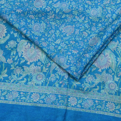 Indian Vintage Sari Blue Pure Silk Printed Saree Fabric 6yard Sewing Craft Fabric DressMaking Wrap Floral
