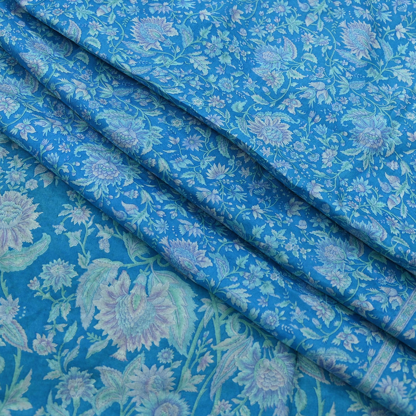 Indian Vintage Sari Blue Pure Silk Printed Saree Fabric 6yard Sewing Craft Fabric DressMaking Wrap Floral