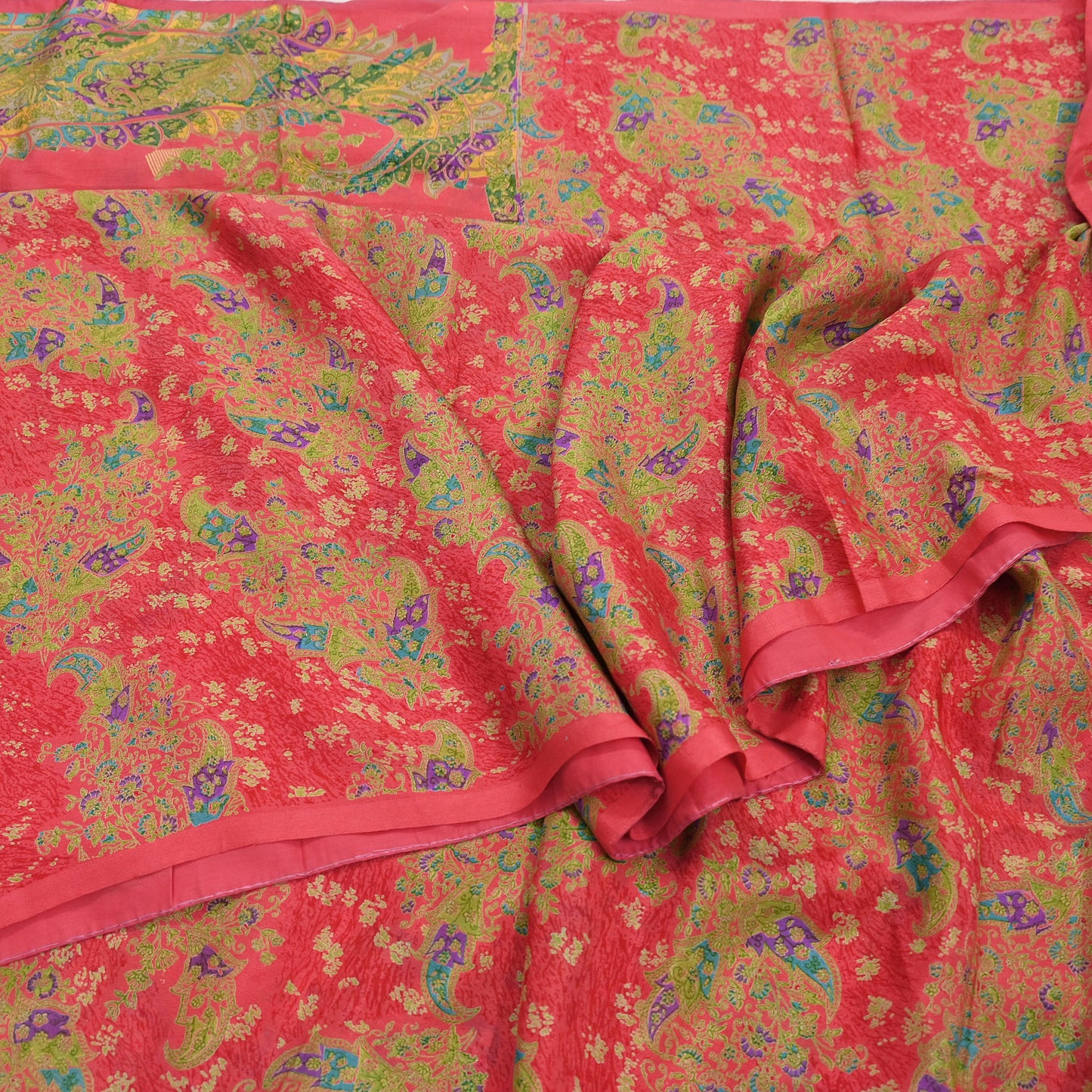 Indian Vintage Peach Pure Silk Printed Saree 5 Yards Soft Floral Fabric for Dressmaking, Quilting, Crafting, Sewing & Upcycling