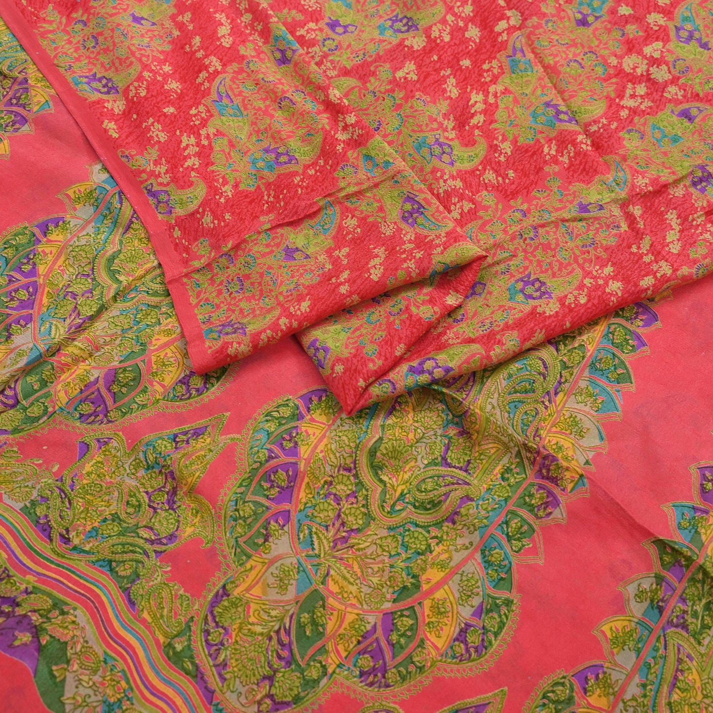 Indian Vintage Peach Pure Silk Printed Saree 5 Yards Soft Floral Fabric for Dressmaking, Quilting, Crafting, Sewing & Upcycling