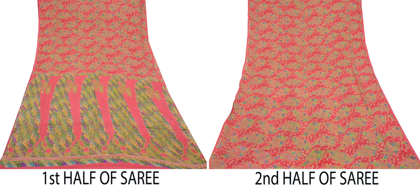 Indian Vintage Peach Pure Silk Printed Saree 5 Yards Soft Floral Fabric for Dressmaking, Quilting, Crafting, Sewing & Upcycling