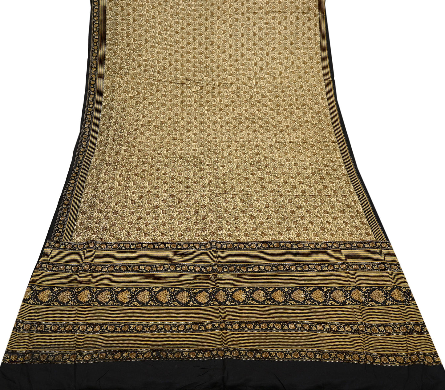 Indian Vintage Black & Beige Saree Pure Silk Block Printed Sari Craft Fabric 6yd Sewing DressMaking Soft Floral Quilting Crafting Upcycle