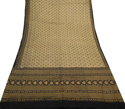 Indian Vintage Black & Beige Saree Pure Silk Block Printed Sari Craft Fabric 6yd Sewing DressMaking Soft Floral Quilting Crafting Upcycle