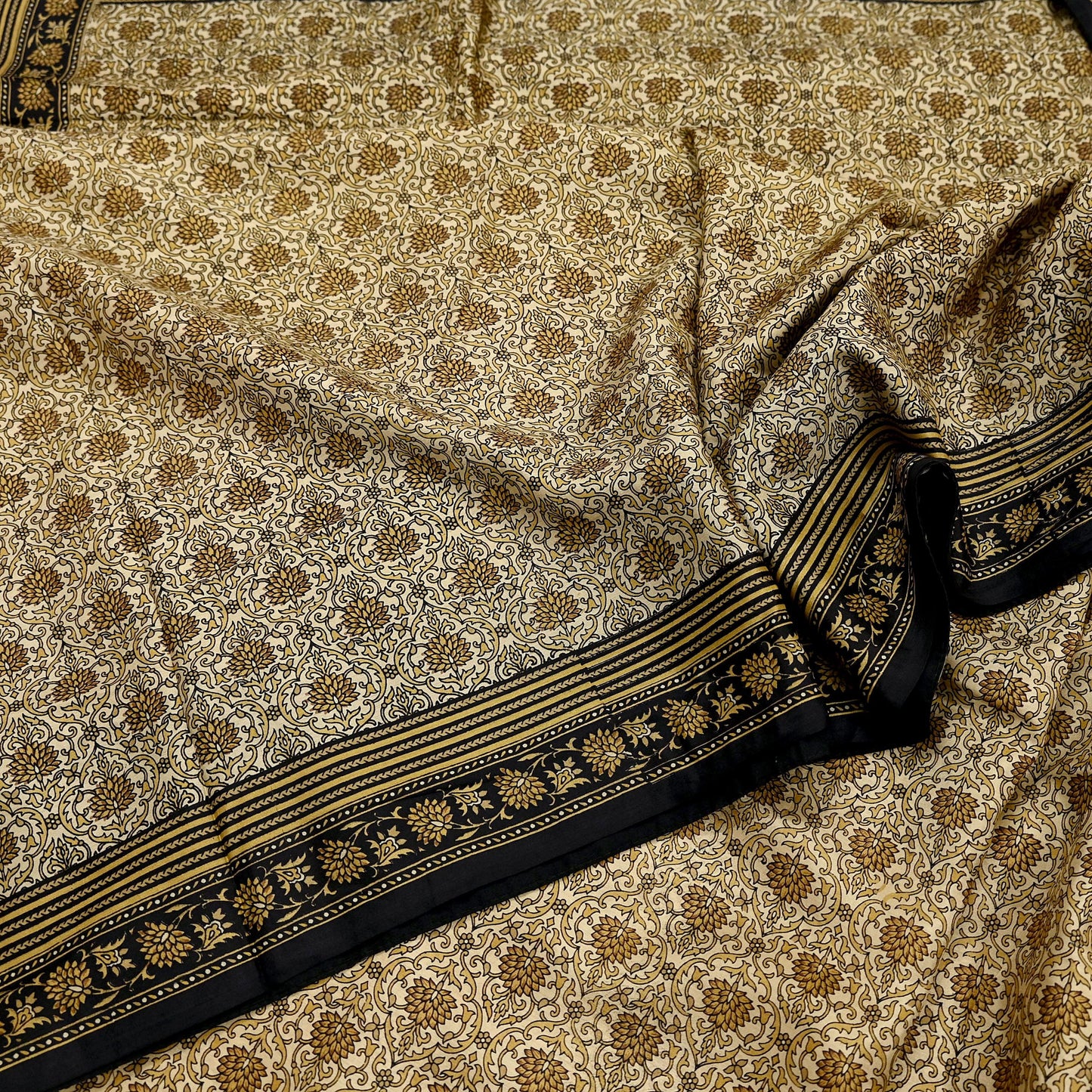 Indian Vintage Black & Beige Saree Pure Silk Block Printed Sari Craft Fabric 6yd Sewing DressMaking Soft Floral Quilting Crafting Upcycle