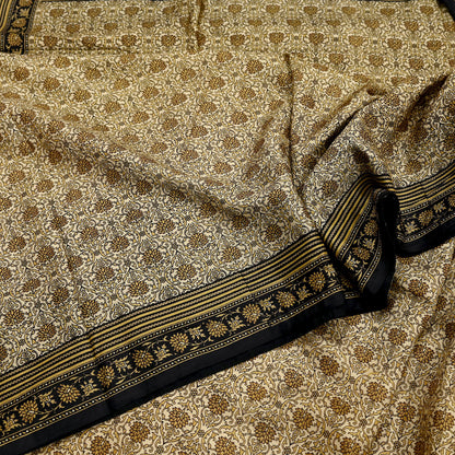 Indian Vintage Black & Beige Saree Pure Silk Block Printed Sari Craft Fabric 6yd Sewing DressMaking Soft Floral Quilting Crafting Upcycle