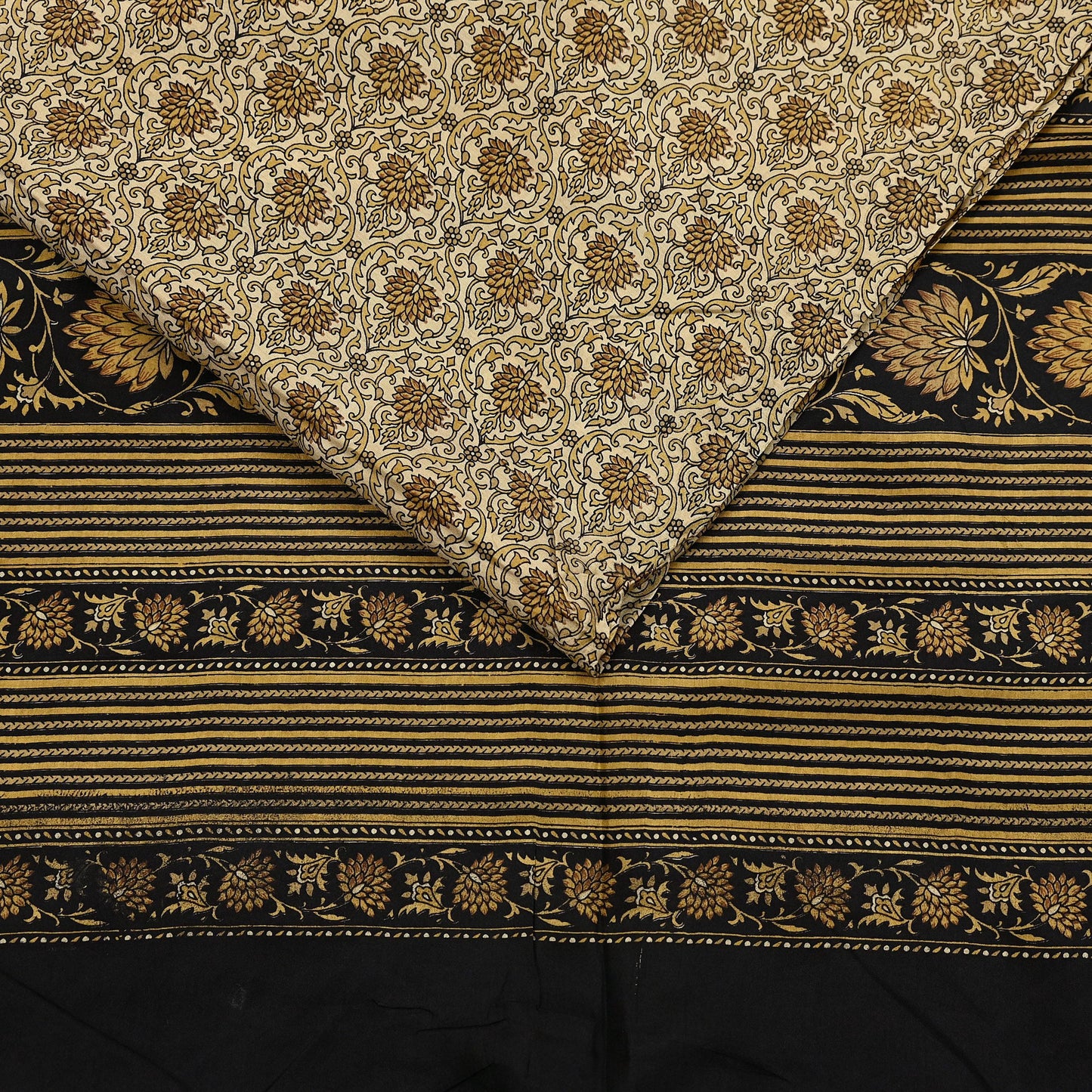 Indian Vintage Black & Beige Saree Pure Silk Block Printed Sari Craft Fabric 6yd Sewing DressMaking Soft Floral Quilting Crafting Upcycle