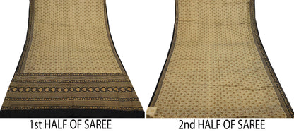 Indian Vintage Black & Beige Saree Pure Silk Block Printed Sari Craft Fabric 6yd Sewing DressMaking Soft Floral Quilting Crafting Upcycle