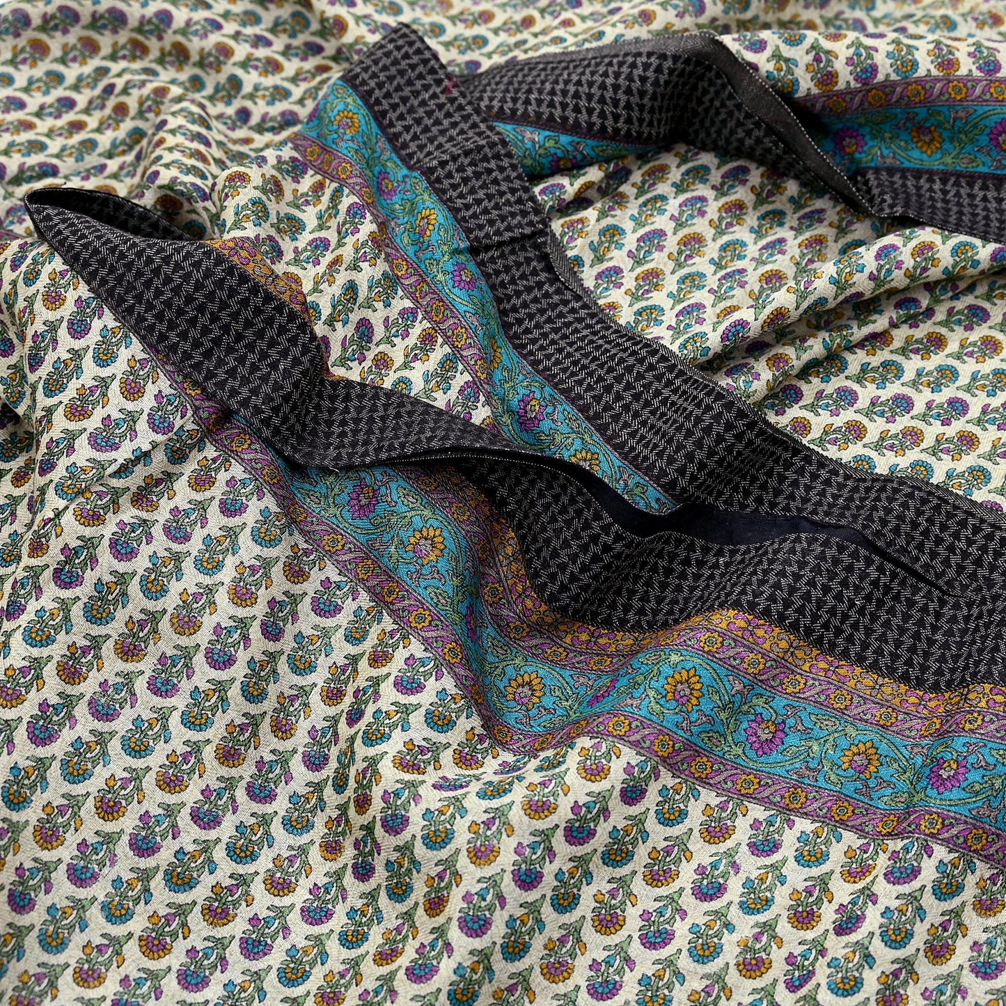 Indian Vintage Sari Blue & Beige Pure Woolen Woven Printed Sarees Soft Warm Craft Fabric 5Yd Floral Dress making Crafting For Winter Soft