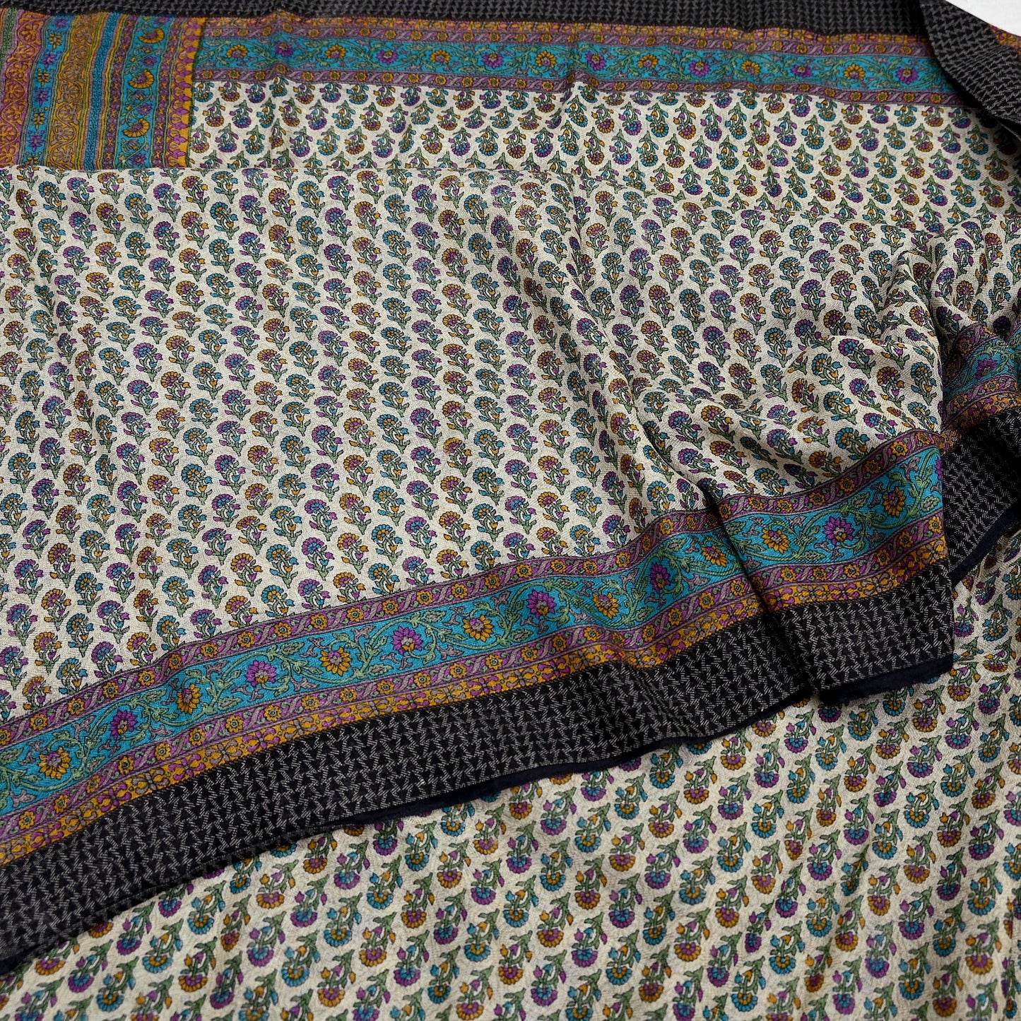 Indian Vintage Sari Blue & Beige Pure Woolen Woven Printed Sarees Soft Warm Craft Fabric 5Yd Floral Dress making Crafting For Winter Soft