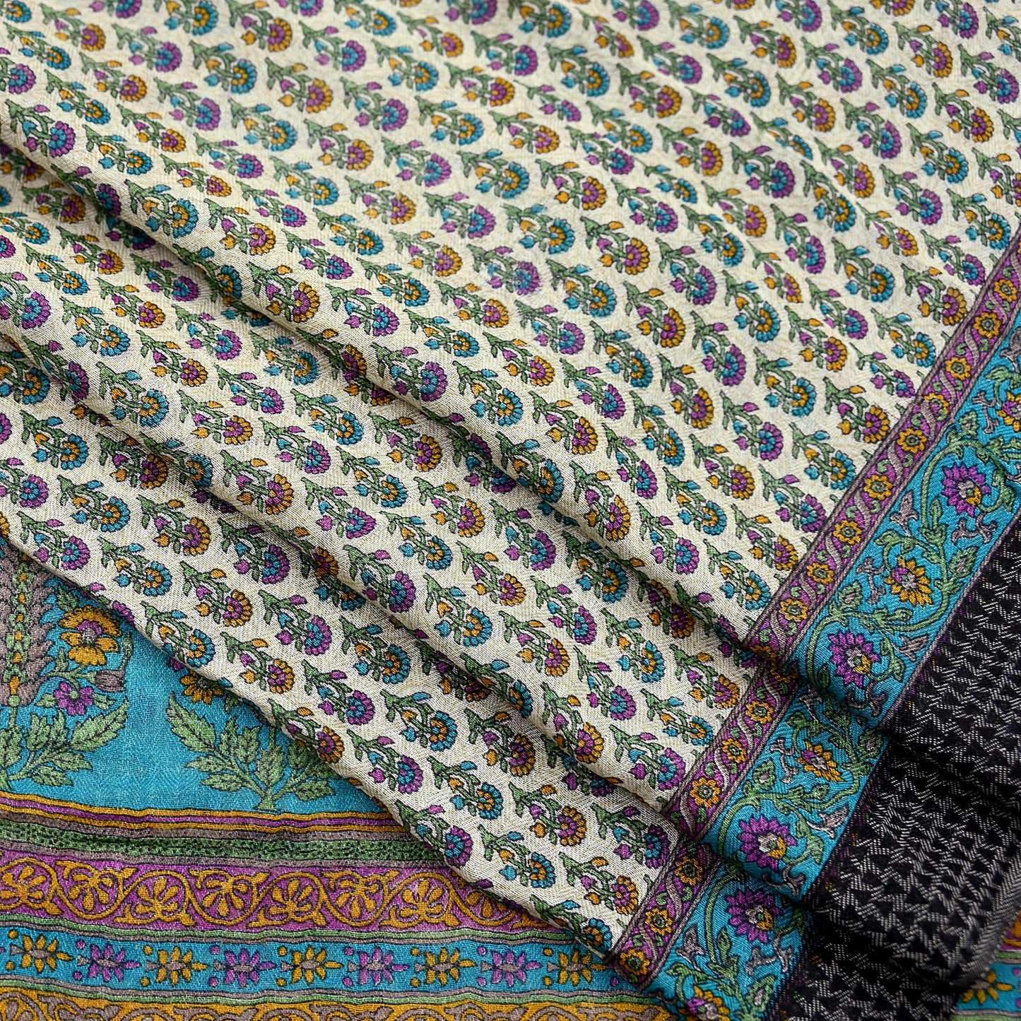 Indian Vintage Sari Blue & Beige Pure Woolen Woven Printed Sarees Soft Warm Craft Fabric 5Yd Floral Dress making Crafting For Winter Soft