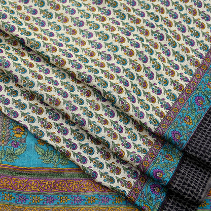 Indian Vintage Sari Blue & Beige Pure Woolen Woven Printed Sarees Soft Warm Craft Fabric 5Yd Floral Dress making Crafting For Winter Soft