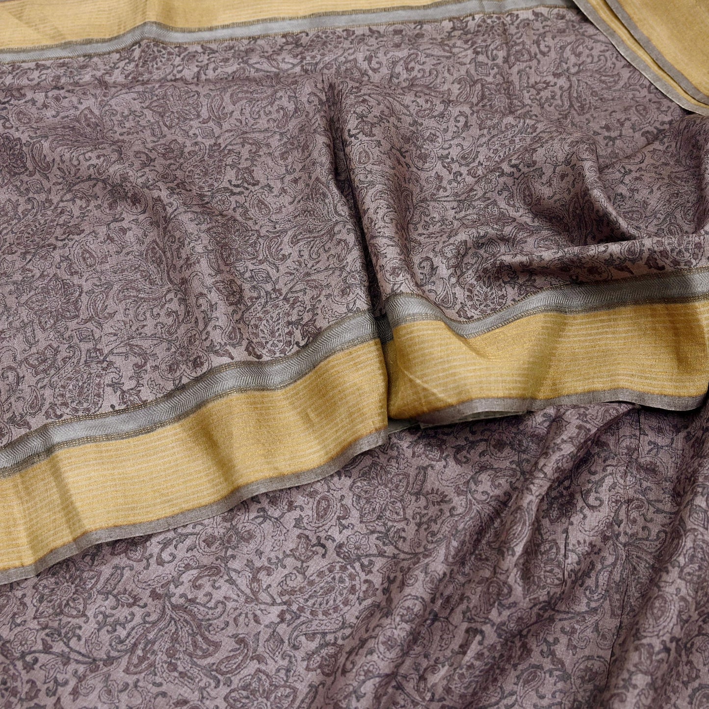 Indian Vintage Sari Purple & Gray Pure Woolen Woven Printed Sarees Soft Warm Craft Fabric 5Yd Floral Dress making Crafting For Winter Soft