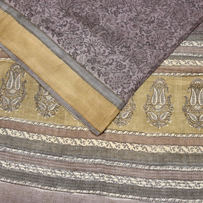 Indian Vintage Sari Purple & Gray Pure Woolen Woven Printed Sarees Soft Warm Craft Fabric 5Yd Floral Dress making Crafting For Winter Soft