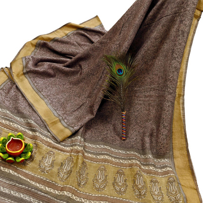 Indian Vintage Sari Purple & Gray Pure Woolen Woven Printed Sarees Soft Warm Craft Fabric 5Yd Floral Dress making Crafting For Winter Soft