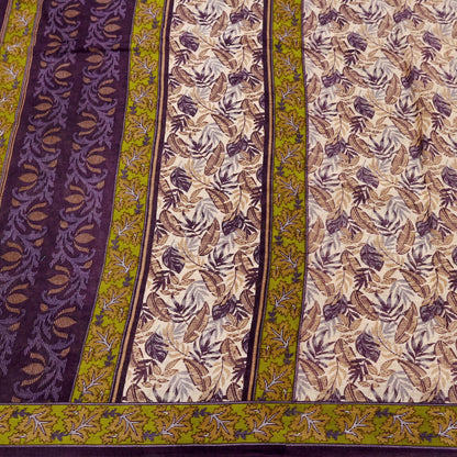 Indian Vintage Sari Beige & Purple Pure Cotton Printed Sarees Craft Fabric Soft 5Yd Sarong Wrap Boho Fabric Kimono Quilting Crafting Upcycle