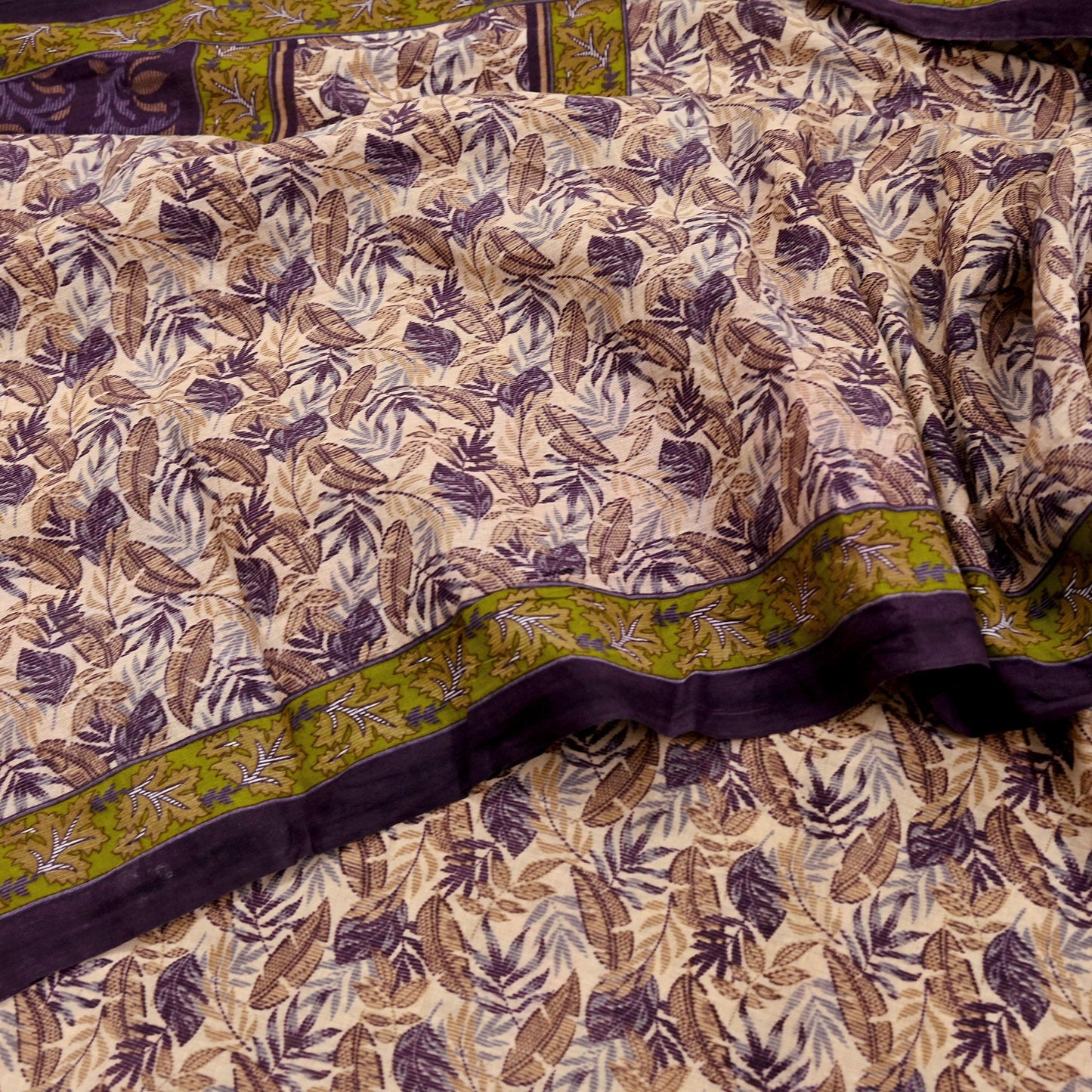 Indian Vintage Sari Beige & Purple Pure Cotton Printed Sarees Craft Fabric Soft 5Yd Sarong Wrap Boho Fabric Kimono Quilting Crafting Upcycle