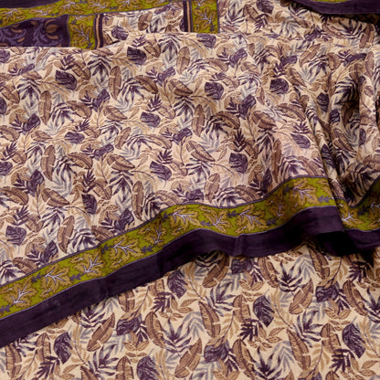 Indian Vintage Sari Beige & Purple Pure Cotton Printed Sarees Craft Fabric Soft 5Yd Sarong Wrap Boho Fabric Kimono Quilting Crafting Upcycle