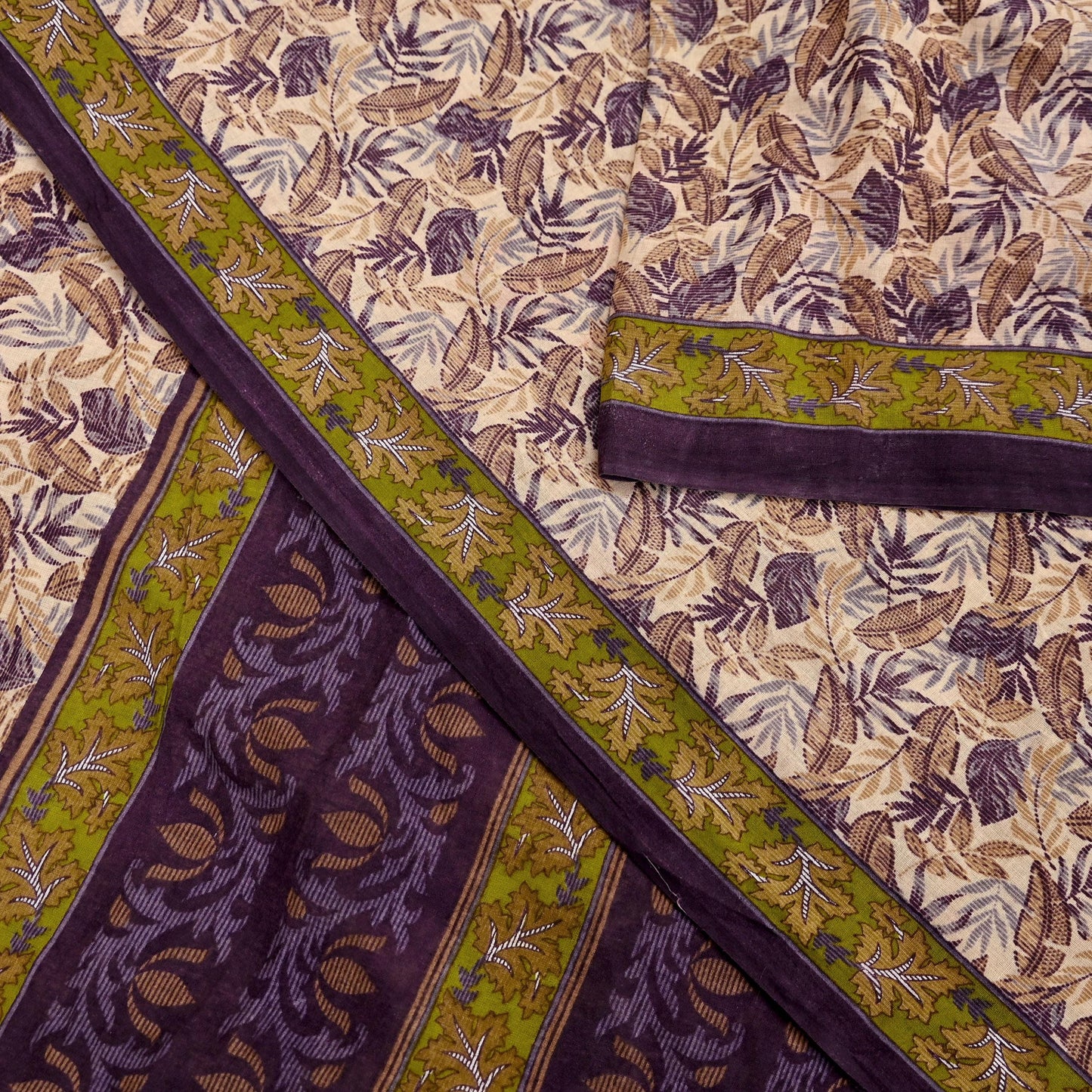 Indian Vintage Sari Beige & Purple Pure Cotton Printed Sarees Craft Fabric Soft 5Yd Sarong Wrap Boho Fabric Kimono Quilting Crafting Upcycle