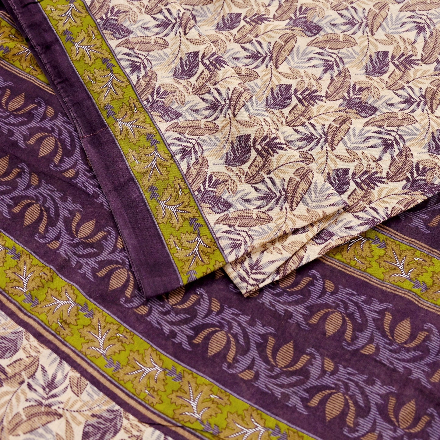 Indian Vintage Sari Beige & Purple Pure Cotton Printed Sarees Craft Fabric Soft 5Yd Sarong Wrap Boho Fabric Kimono Quilting Crafting Upcycle