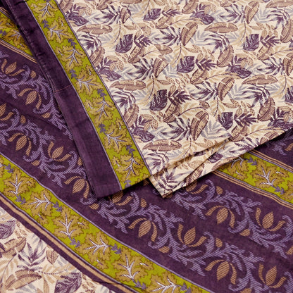 Indian Vintage Sari Beige & Purple Pure Cotton Printed Sarees Craft Fabric Soft 5Yd Sarong Wrap Boho Fabric Kimono Quilting Crafting Upcycle