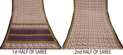 Indian Vintage Sari Beige & Purple Pure Cotton Printed Sarees Craft Fabric Soft 5Yd Sarong Wrap Boho Fabric Kimono Quilting Crafting Upcycle