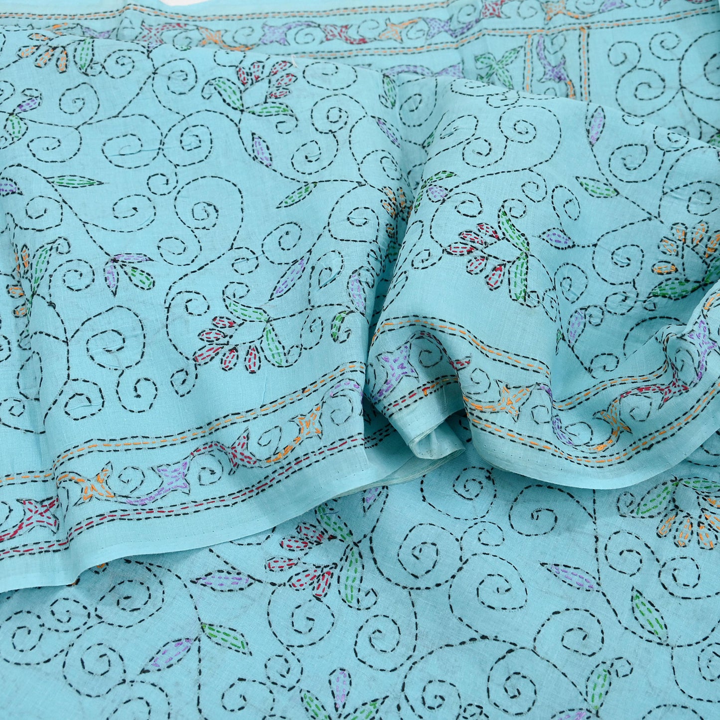 Indian Vintage Blue Saree Cotton Hand Embroidered Kantha Sari Craft Fabric 5yard Sewing Floral Soft Dressmaking Crafting Quilting upcycle