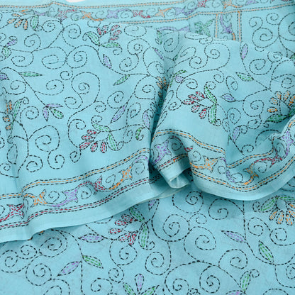 Indian Vintage Blue Saree Cotton Hand Embroidered Kantha Sari Craft Fabric 5yard Sewing Floral Soft Dressmaking Crafting Quilting upcycle