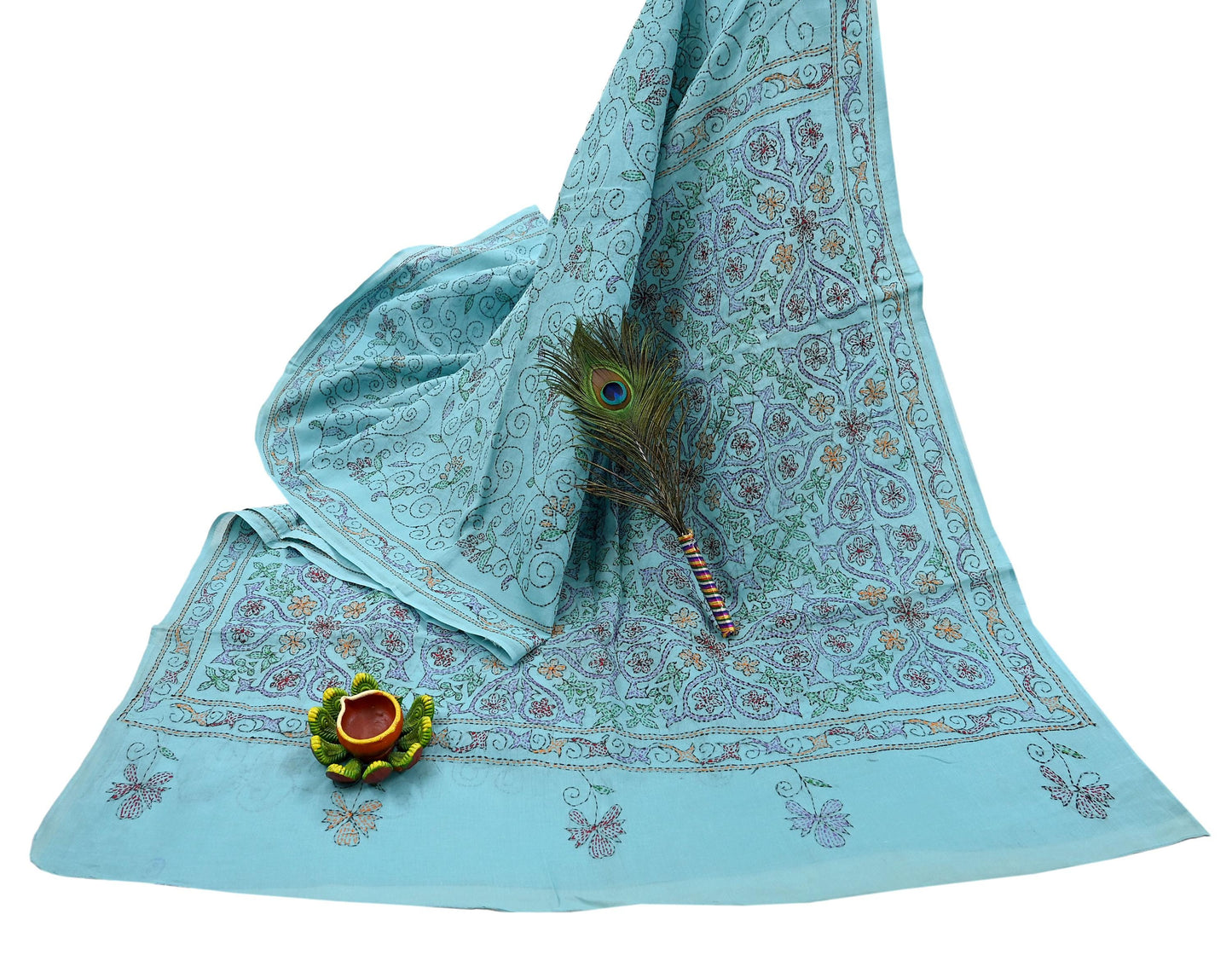 Indian Vintage Blue Saree Cotton Hand Embroidered Kantha Sari Craft Fabric 5yard Sewing Floral Soft Dressmaking Crafting Quilting upcycle