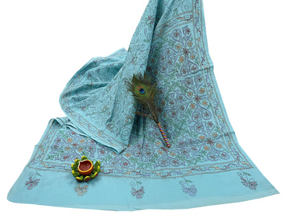 Indian Vintage Blue Saree Cotton Hand Embroidered Kantha Sari Craft Fabric 5yard Sewing Floral Soft Dressmaking Crafting Quilting upcycle