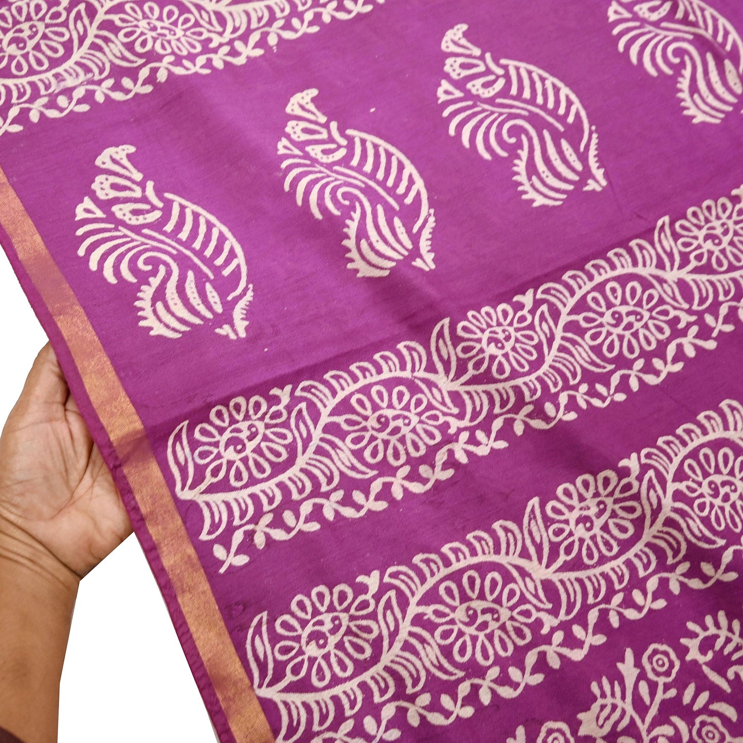 Indian Vintage Sari Purple Pure Chanderi Cotton Hand Block Printed Sarees 5Yd Craft Fabric Soft Sewing Sarong Dress Making Quilting Zari