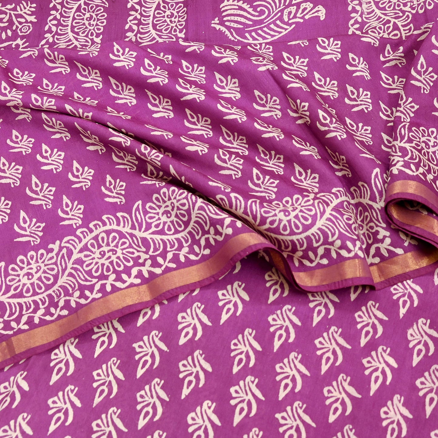Indian Vintage Sari Purple Pure Chanderi Cotton Hand Block Printed Sarees 5Yd Craft Fabric Soft Sewing Sarong Dress Making Quilting Zari