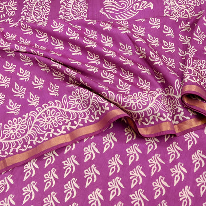 Indian Vintage Sari Purple Pure Chanderi Cotton Hand Block Printed Sarees 5Yd Craft Fabric Soft Sewing Sarong Dress Making Quilting Zari