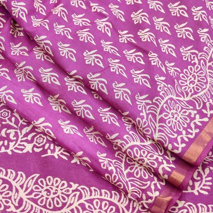 Indian Vintage Sari Purple Pure Chanderi Cotton Hand Block Printed Sarees 5Yd Craft Fabric Soft Sewing Sarong Dress Making Quilting Zari