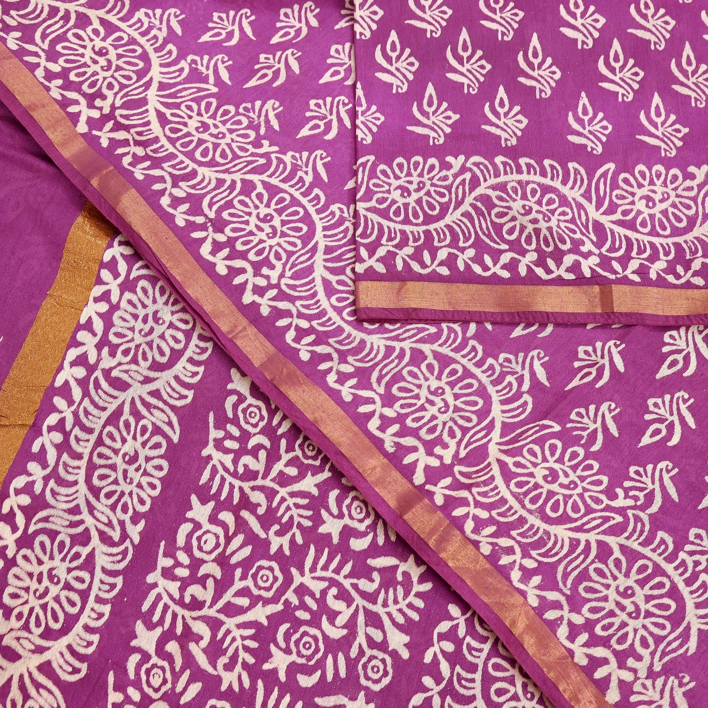 Indian Vintage Sari Purple Pure Chanderi Cotton Hand Block Printed Sarees 5Yd Craft Fabric Soft Sewing Sarong Dress Making Quilting Zari