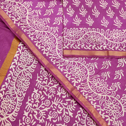 Indian Vintage Sari Purple Pure Chanderi Cotton Hand Block Printed Sarees 5Yd Craft Fabric Soft Sewing Sarong Dress Making Quilting Zari