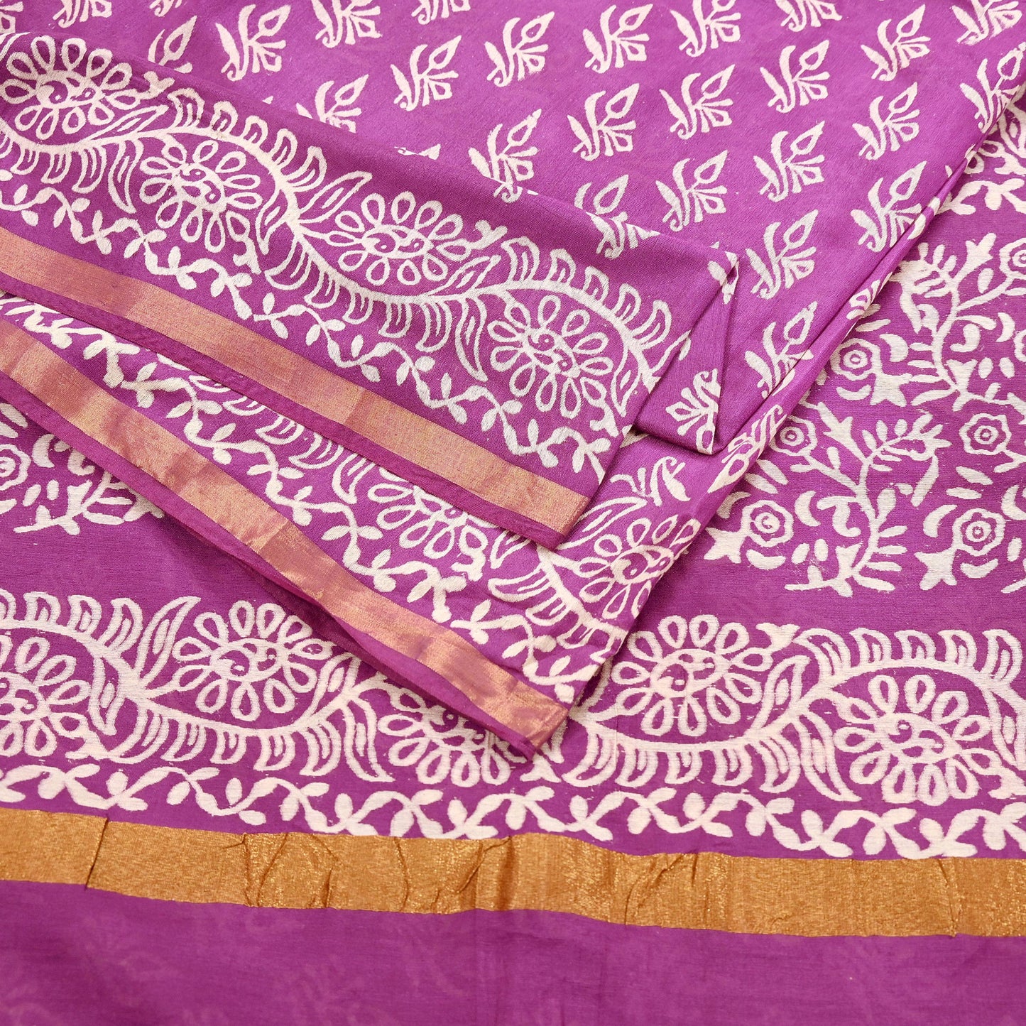 Indian Vintage Sari Purple Pure Chanderi Cotton Hand Block Printed Sarees 5Yd Craft Fabric Soft Sewing Sarong Dress Making Quilting Zari