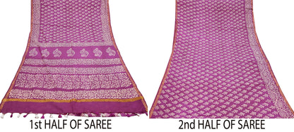 Indian Vintage Sari Purple Pure Chanderi Cotton Hand Block Printed Sarees 5Yd Craft Fabric Soft Sewing Sarong Dress Making Quilting Zari