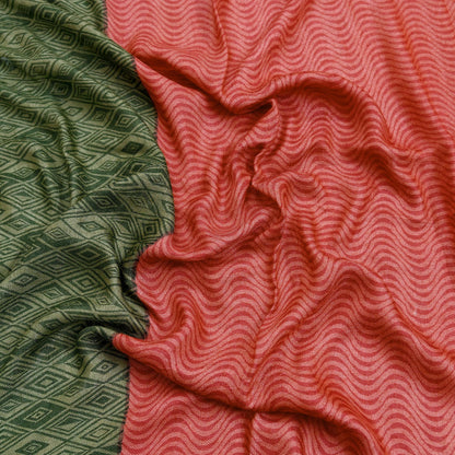 Vintage Green & Peach Long Stole Pure Woolen Scarf Printed Dupatta Infinity Scarves Sarong Wrap Veil Woman Hijab Shawl Craft Fabric Fringes