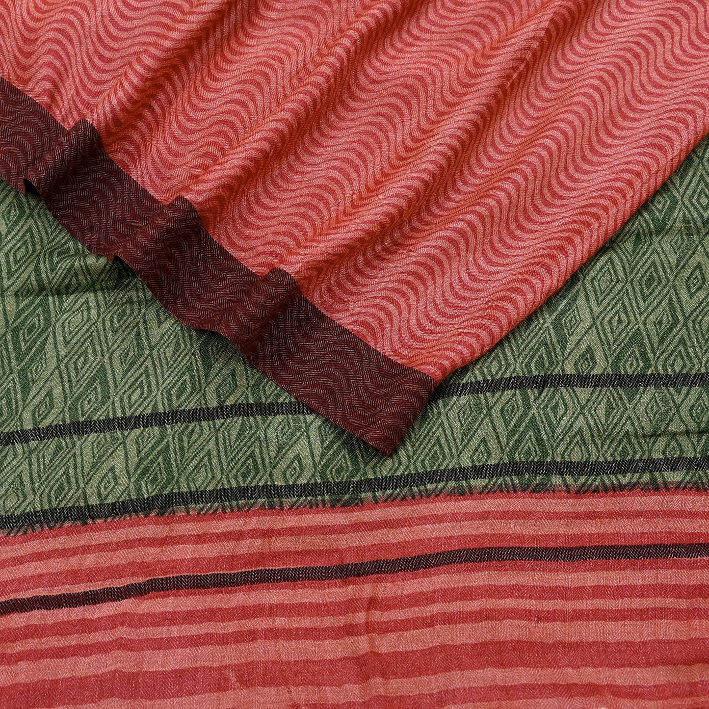 Vintage Green & Peach Long Stole Pure Woolen Scarf Printed Dupatta Infinity Scarves Sarong Wrap Veil Woman Hijab Shawl Craft Fabric Fringes