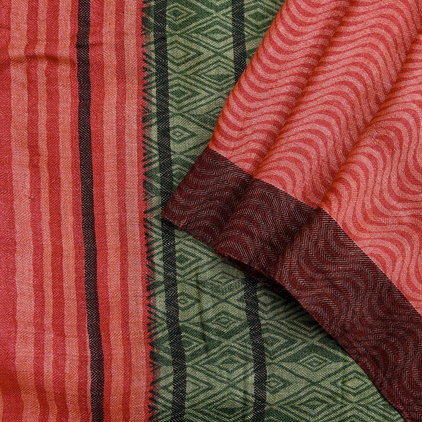 Vintage Green & Peach Long Stole Pure Woolen Scarf Printed Dupatta Infinity Scarves Sarong Wrap Veil Woman Hijab Shawl Craft Fabric Fringes