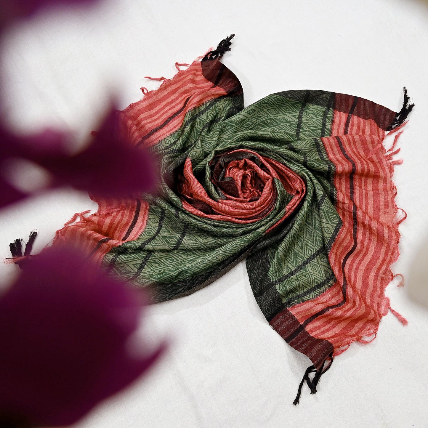 Vintage Green & Peach Long Stole Pure Woolen Scarf Printed Dupatta Infinity Scarves Sarong Wrap Veil Woman Hijab Shawl Craft Fabric Fringes