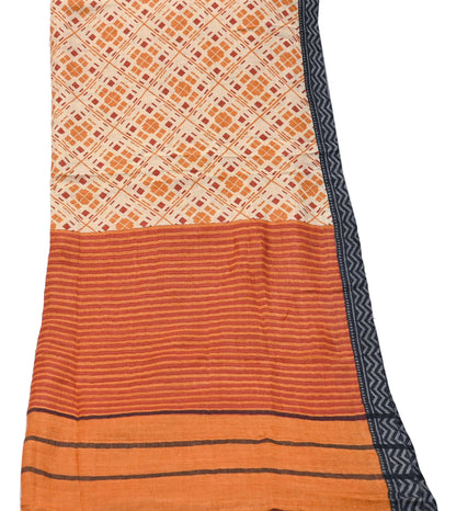 Indian Women Vintage Beige & Saffron Long Stole Pure Woolen Scarf Dupatta Scarves Printed Sarong Wrap Veil Hijab Shawl Soft