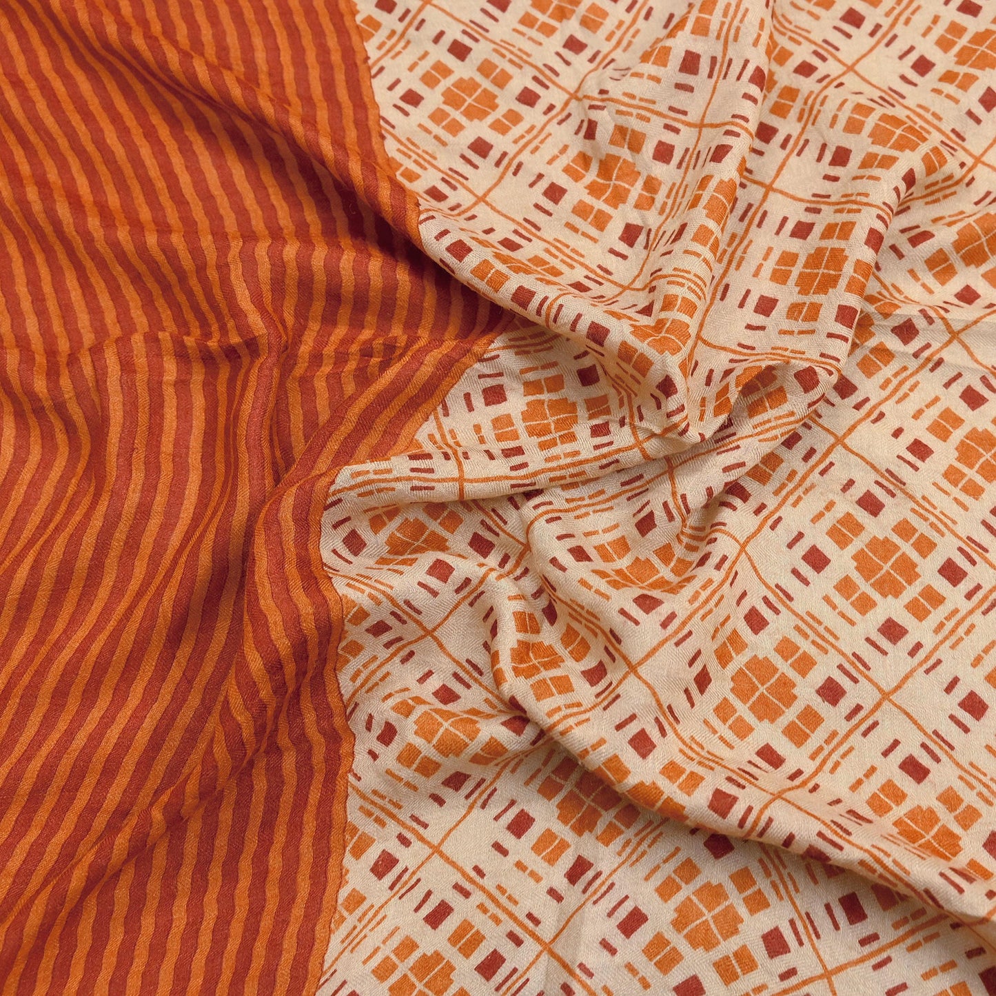 Indian Women Vintage Beige & Saffron Long Stole Pure Woolen Scarf Dupatta Scarves Printed Sarong Wrap Veil Hijab Shawl Soft