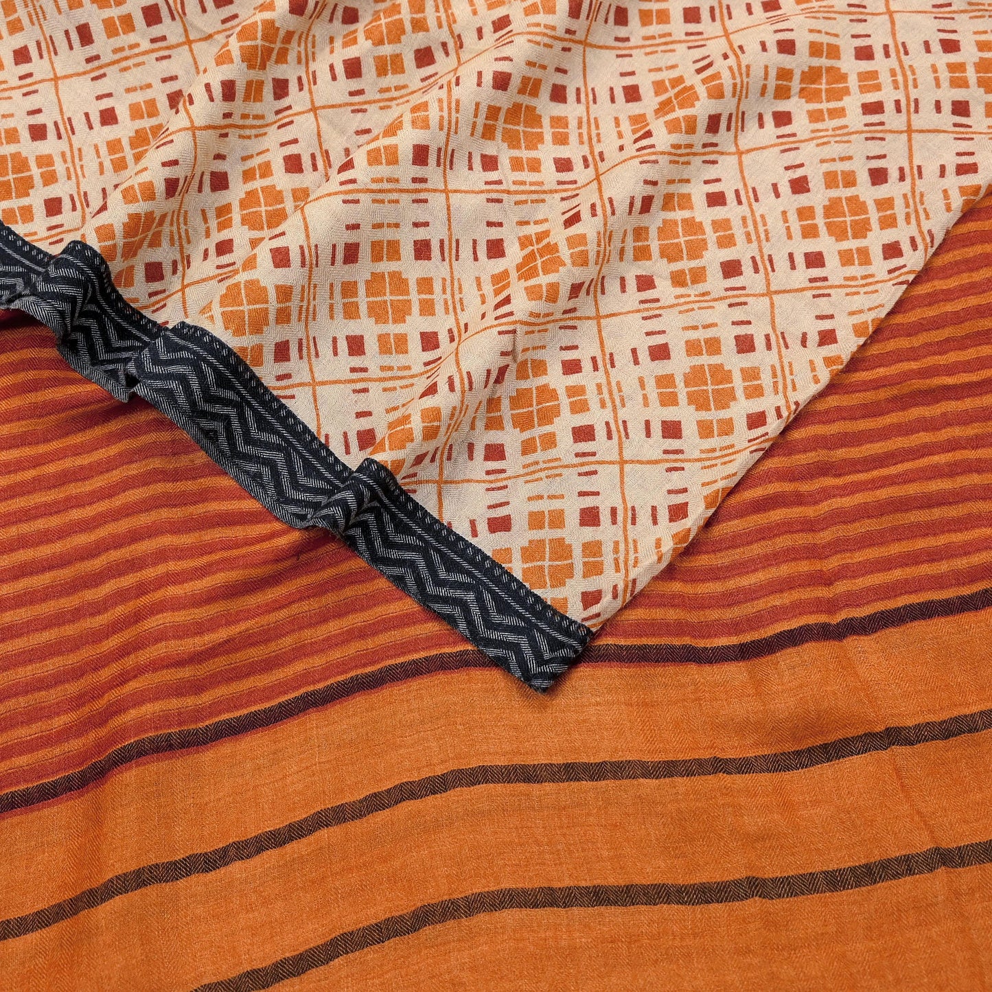 Indian Women Vintage Beige & Saffron Long Stole Pure Woolen Scarf Dupatta Scarves Printed Sarong Wrap Veil Hijab Shawl Soft