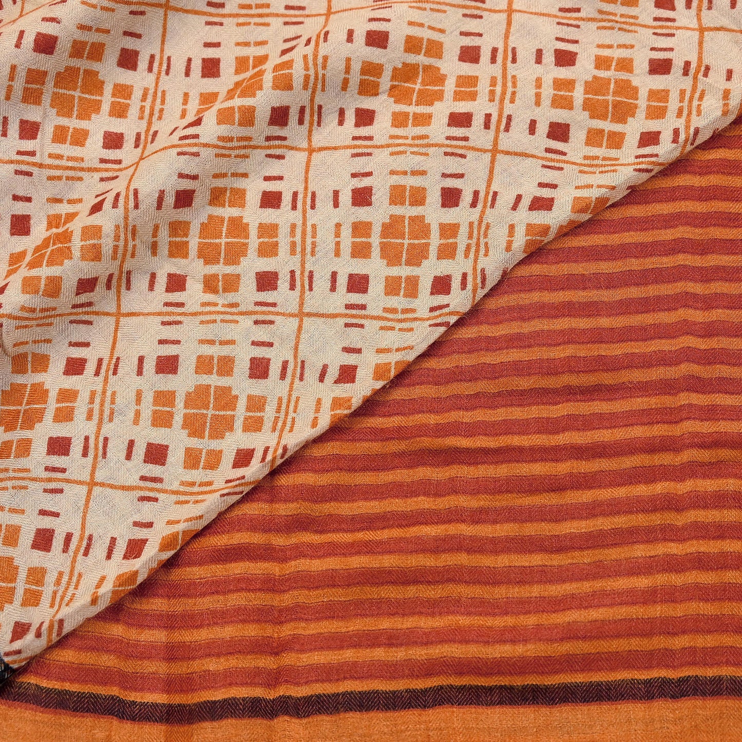 Indian Women Vintage Beige & Saffron Long Stole Pure Woolen Scarf Dupatta Scarves Printed Sarong Wrap Veil Hijab Shawl Soft