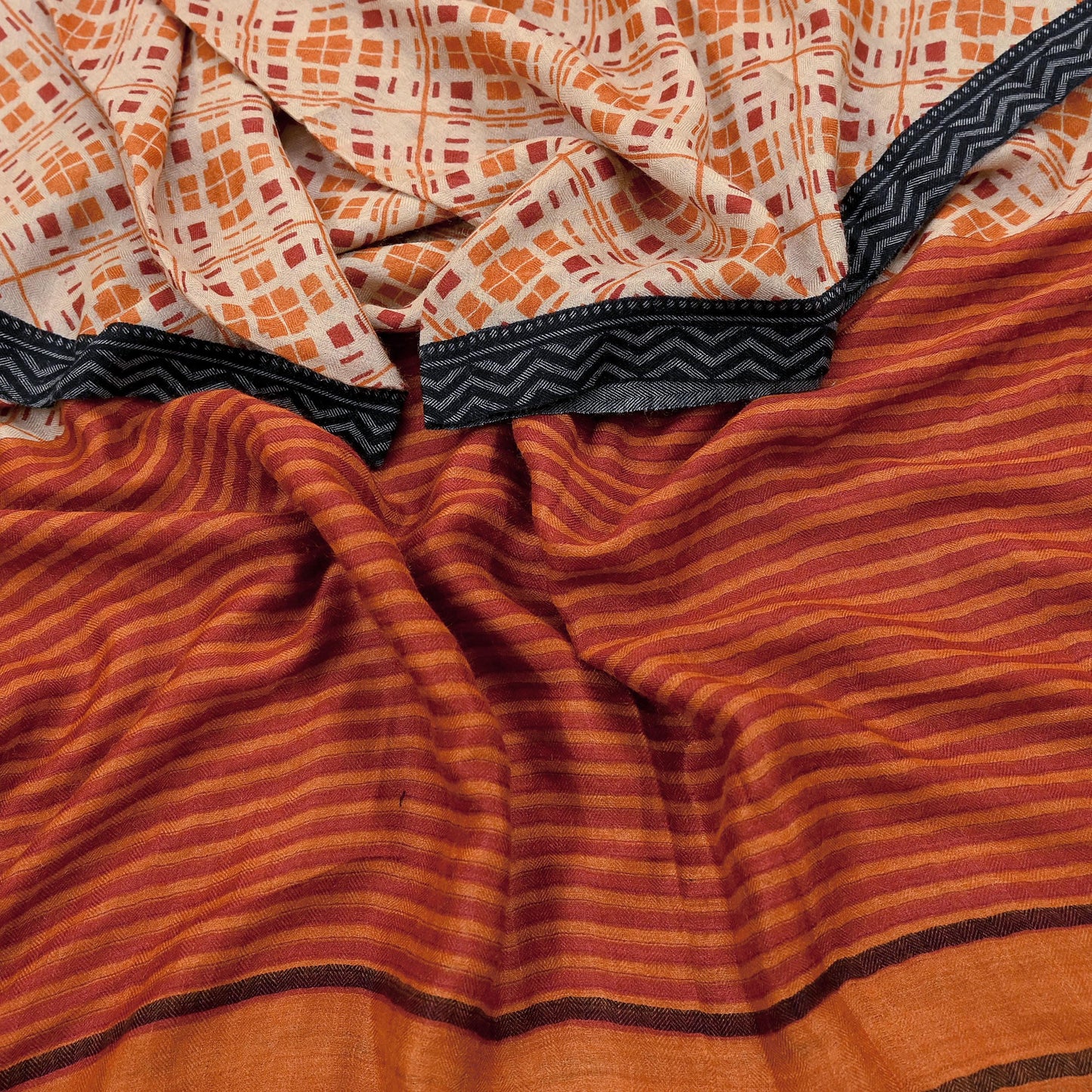 Indian Women Vintage Beige & Saffron Long Stole Pure Woolen Scarf Dupatta Scarves Printed Sarong Wrap Veil Hijab Shawl Soft